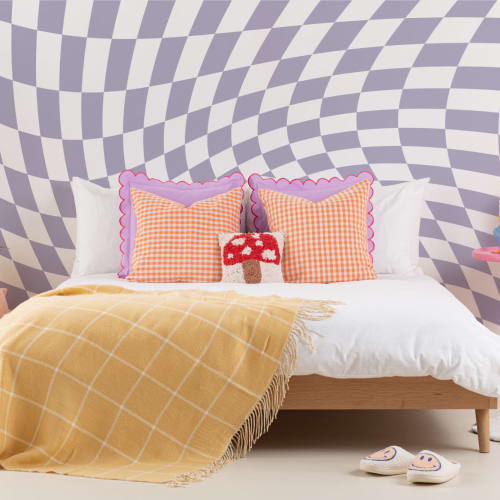 Papier Peint Panoramique Géométrique en Damier Blanc et Violet