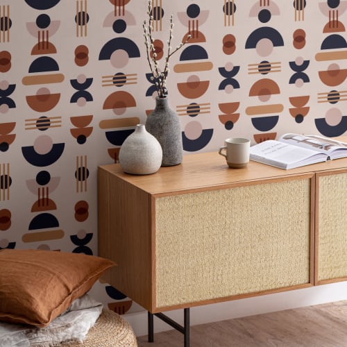 Neutral & Navy Mid Century Modern Geometric Repeat Pattern Wallpaper