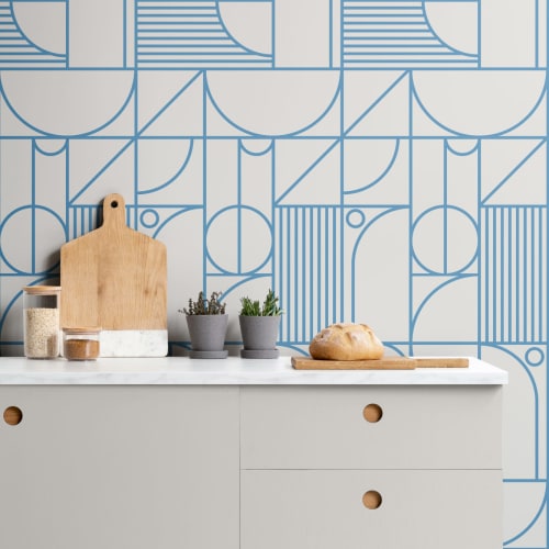 Blue and White Geometric Grid Lines Repeat Pattern Wallpaper