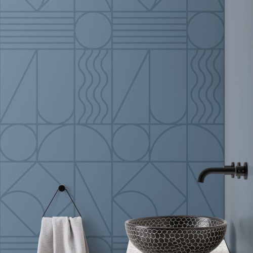 Deep Blue Geometric Lines and Curves Repeat Pattern Wallpaper