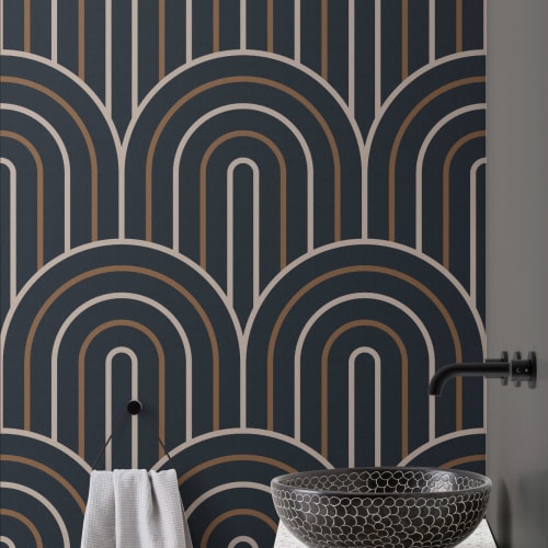 Navy and Mustard Retro Loop Repeat Pattern Wallpaper