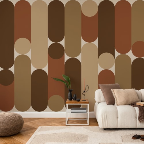 Capsule murale brune, géométrique et chaleureuse, de style moderne du milieu du siècle