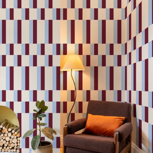 Blue & Burgundy Modern Geometric Bauhaus Wallpaper