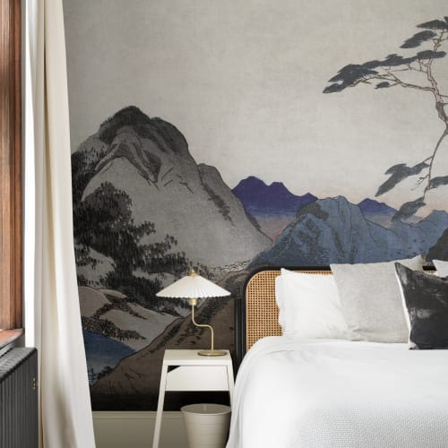 Beige And Blue Japanese Landscape Mountain Art Mural