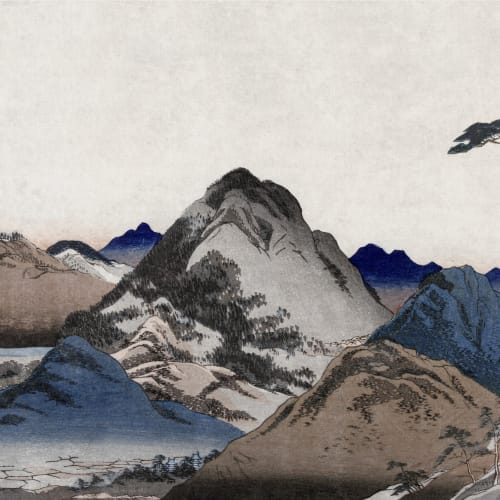 Beige And Blue Japanese Landscape Mountain Art Mural