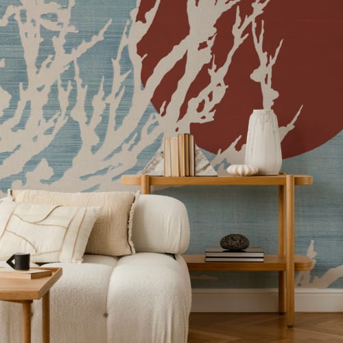 Mural de papel pintado azul y rojo de la naturaleza artística japonesa