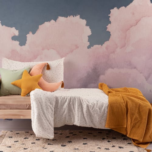 Papier Peint Panoramique Ciel Bleu et Nuages Rose à l’Aquarelle
