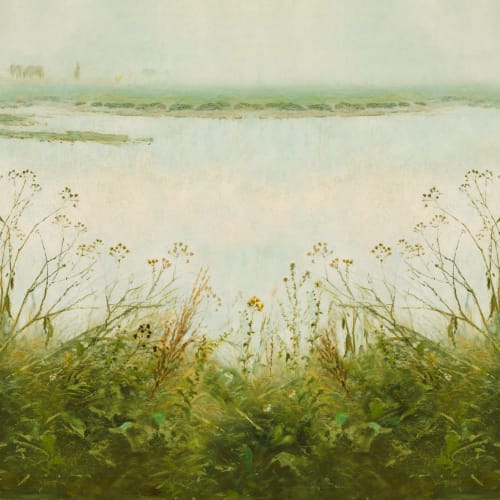 Riverbank Grassland Wall Mural in Fresh Green