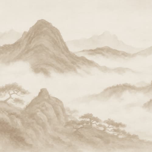 Beige Japandi bjerglandskab fototapet