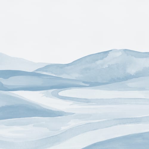 Blauwe aquarel vallei landschap muurschildering