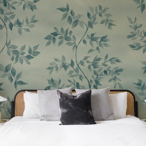 Teal Poetic Leaves Botanisk fototapet for rolige rom