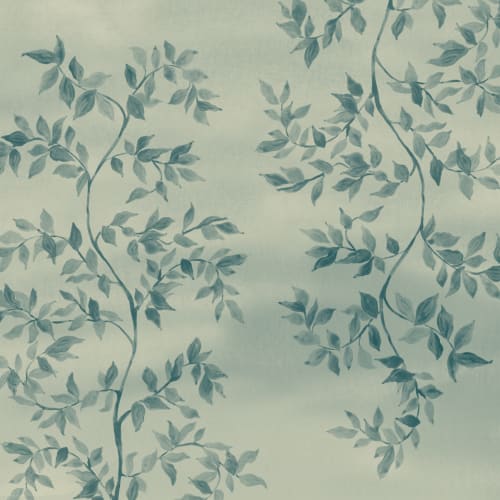 Teal Poetic Leaves Botanisk fototapet for rolige rom