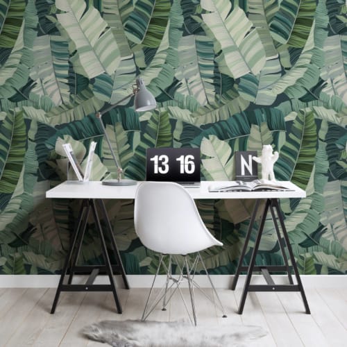 Carta da Parati Verde con Foglie Tropicali Miste 3D