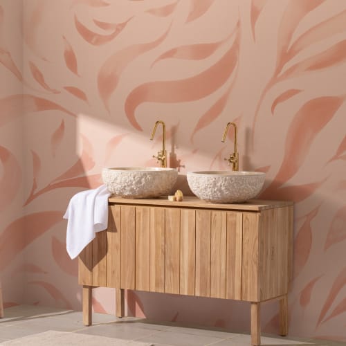 Pink Watercolor Floating Leaves Mural