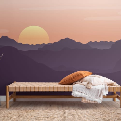 Rood Geïllustreerd Landschap Zonsondergang Behang Muurschildering