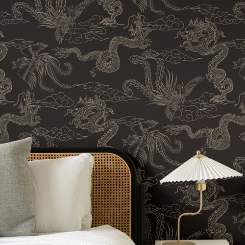 Dark Chinese Dragon and Phoenix Outline Wallpaper