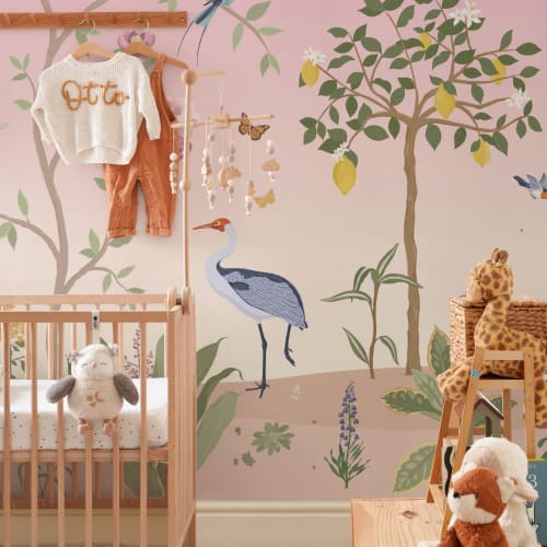 Vaaleanpunainen Chinoiserie Floral kevät puutarha seinäseinämaalaus