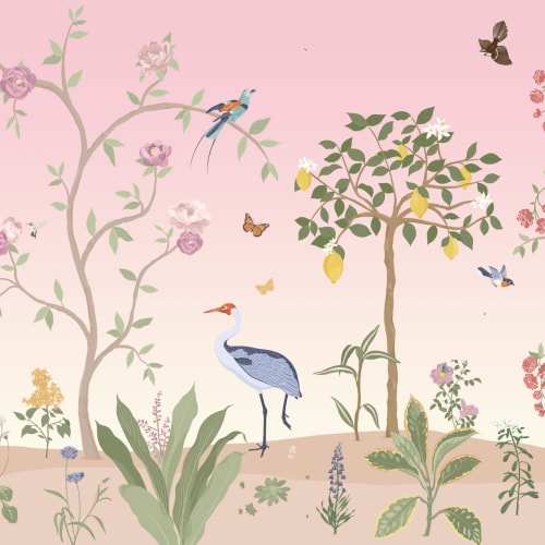 Vaaleanpunainen Chinoiserie Floral kevät puutarha seinäseinämaalaus