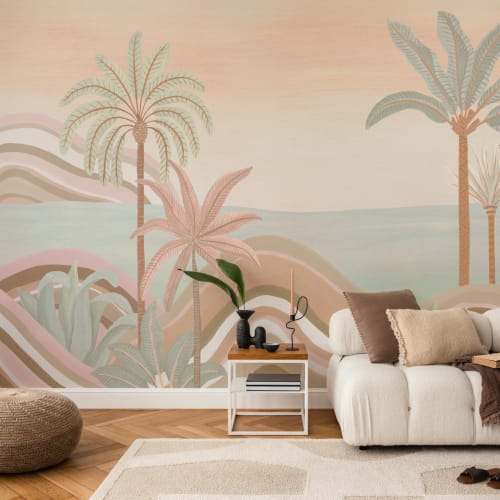 Mural de paisagem tropical em pastel
