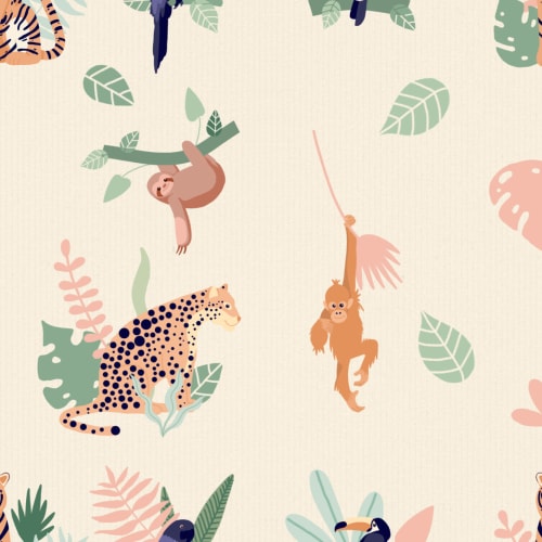 Papel de parede com padrão de repetição de animais e folhas da selva