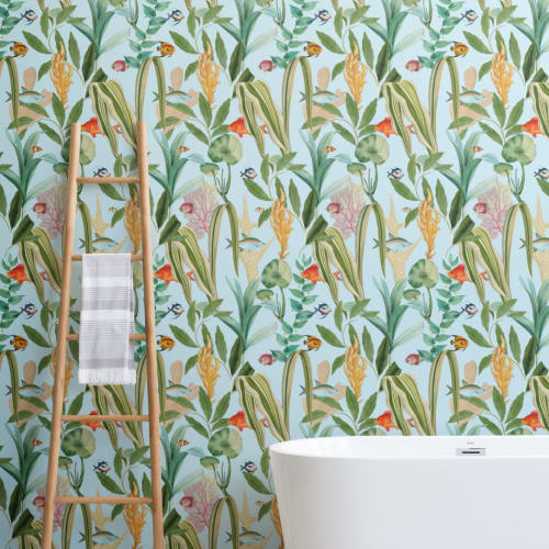 Blue Fish & Plants Coastal Wallpaper
