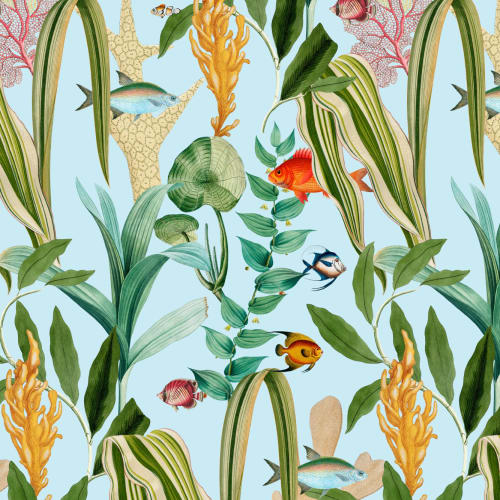 Blue Fish & Plants Coastal Wallpaper