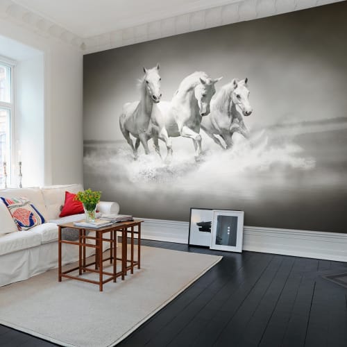 Wall mural with horses in grayscale