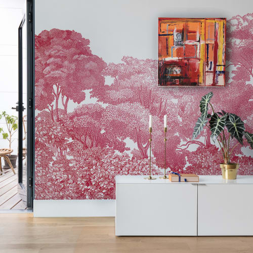 Red wallpaper with trees