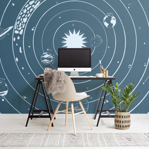 Fototapeta z niebieskimi gwiazdami i planetami Układu Słonecznego