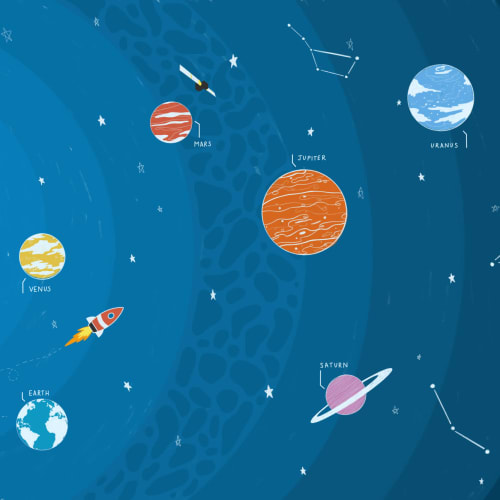 Blue Educational Space Planets & Rocket Wallpaper Mural
