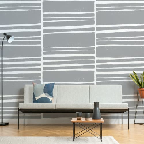 Papier Peint Panoramique Texturé à Rayures Horizontales en Gris et Blanc