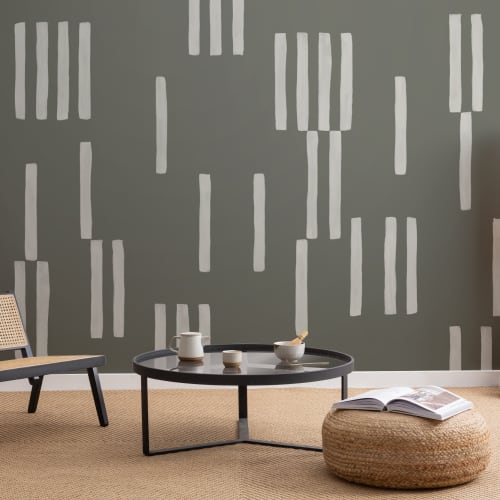Hand Painted Line Geometric Mural in Moss Green
