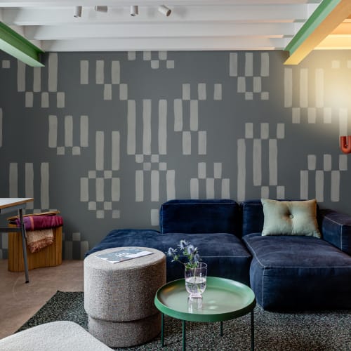 Hand Painted Block Geometric Mural in Muted Blue