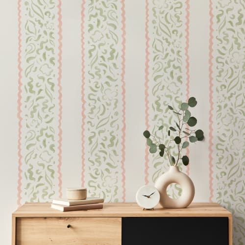 Papier Peint Panoramique rayé vert et rose avec feuilles abstraites