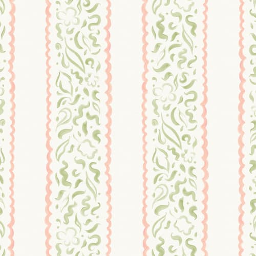 Papier Peint Panoramique rayé vert et rose avec feuilles abstraites