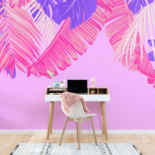 Helder Roze & Paarse Tropische Bladeren Behang Muurschildering
