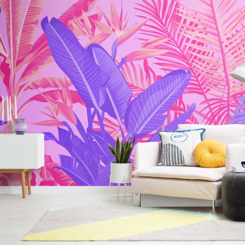 Heldere Roze & Paarse Tropische Jungle Behang Muurschildering