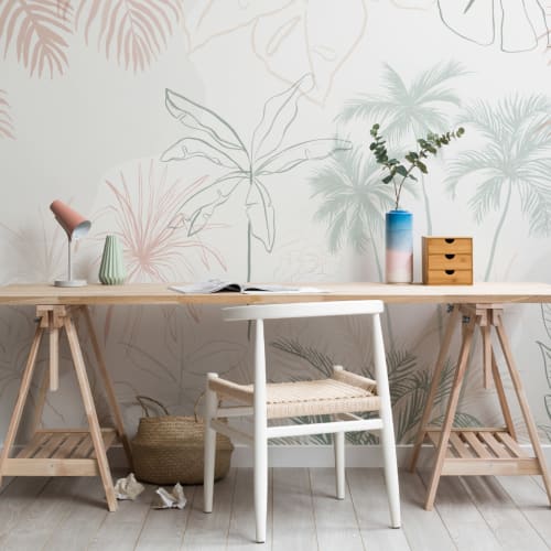 Minimalist Pink & Green Inky Tropical Wallpaper Mural