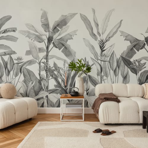Grayscale Vintage Tropical Plants Wallpaper Mural