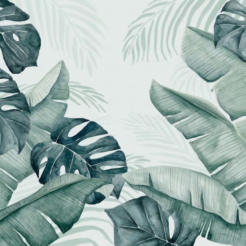 Green and Blue Watercolor Tropical Leaves Wallpaper Mural