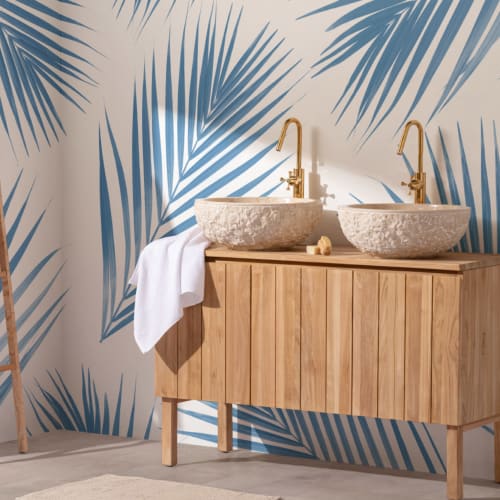 Sininen ja valkoinen Palm Leaf trooppinen kuvatapetti