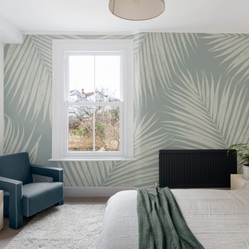 Pale Blue Illustrated Tropical Palm Leaf Wallpaper Mural