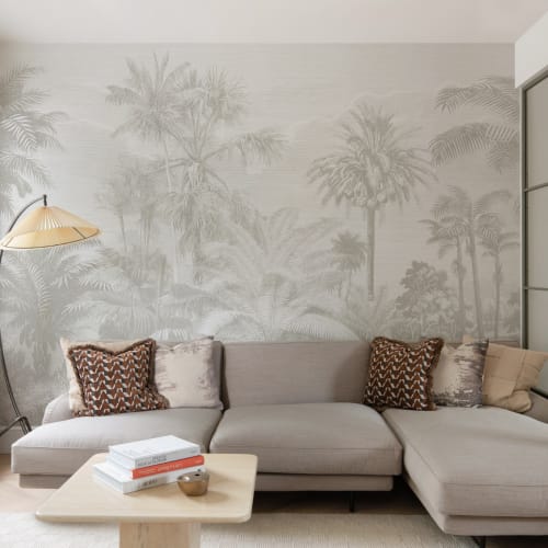 Lacandon Grey Wall Mural Tropical Palm Forest with Vintage Etching Detail