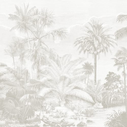 Lacandon Grey Wall Mural Tropical Palm Forest with Vintage Etching Detail