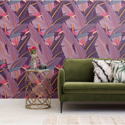 Purple Banana Leaf Pattern Tropical Wallpaper Mural