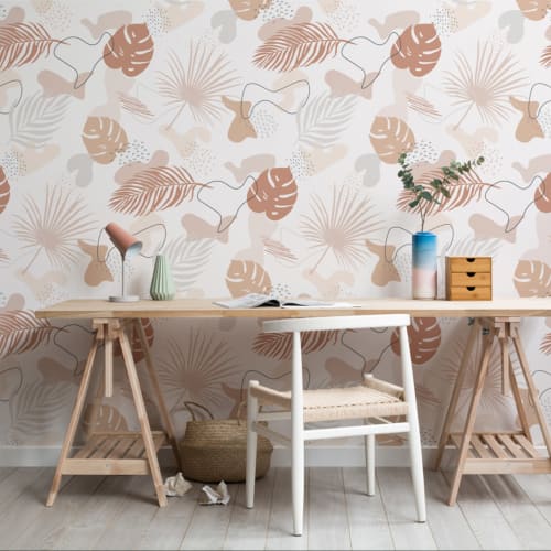Neutral Colors Tropical Leaf Collage Pattern Wallpaper Mural