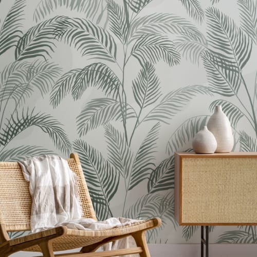 Green Inky Tropical Pattern Wallpaper Mural