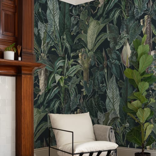 Dark Tropical Illustrated Leafy Plants Mural