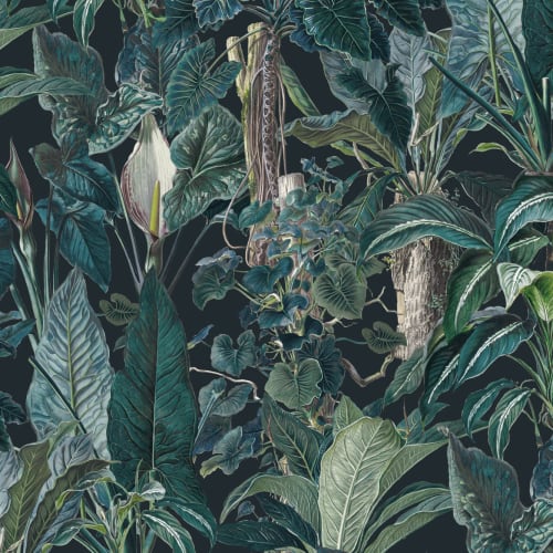 Dark Tropical Illustrated Leafy Plants Mural