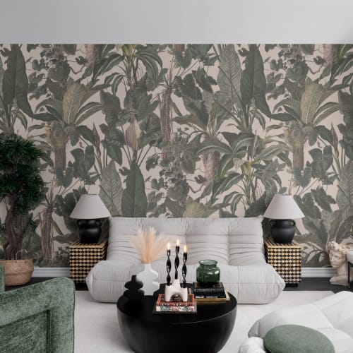 Classic Tropical Illustrated Leafy Plants Mural